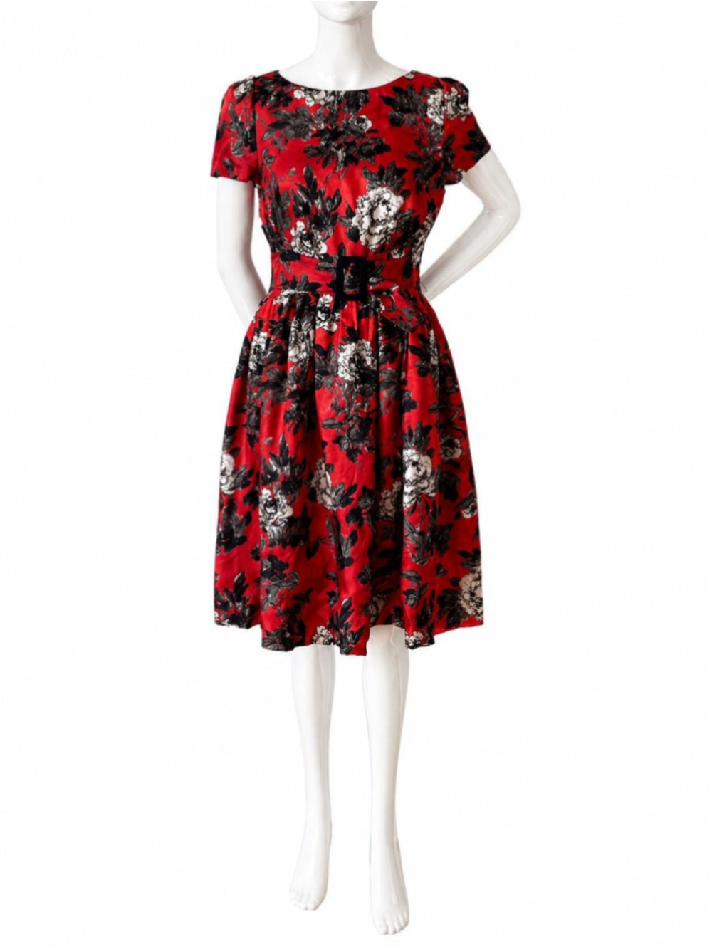 Moschino Red Floral Fit & Flare Dress Belted